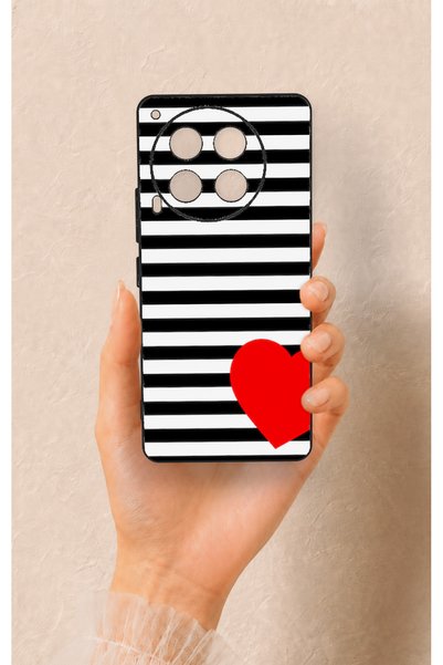Vip Case Tecno Camon 30 Compatible Striped Red Heart Patterned Silicone Case