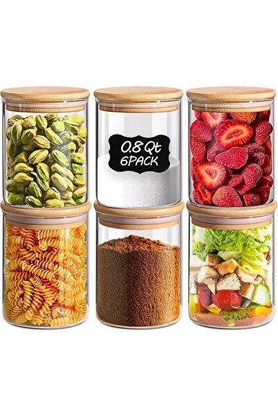 ComSaf 750ml Round Glass Jars with Bamboo Lids for Tea Sugar Coffee, 6 Pack