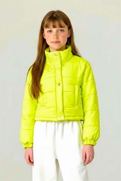 Genel Markalar Kız Çocuk Neon Yeşil Çıtçıtlı Fermuarlı Şişme Mont-12-13 Yaş -...