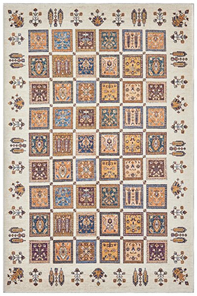 SARAZ HALI Krem Turuncu Patchwork Anadolu Desenli Etnik Baskı Şönil Kilim Kay...