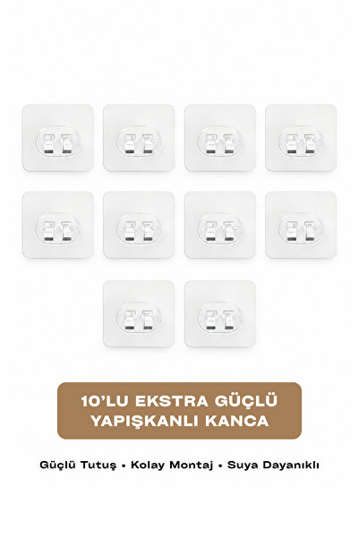 BEYZANA 10’lu Güçlü Yapışkanlı Kanca Seti Suya Dayanıklı 7x7 Şeffaf Duvar Ask...