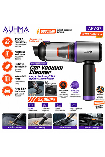 VEROXA Auhma Elite Power Ahv-27 Gri Şarjlı Araç Süpürgesi -22.000 Pa Emiş Güc...