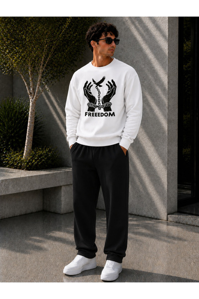 caddekombin Men's Freedom Printed Crew Neck Regular Fit Men's Tracksuit Set /...