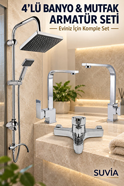 SUVİA Banyo Batarya Seti 4’lü Mutfak Lavabo Bataryası Banyo Bataryası Yağmurl...