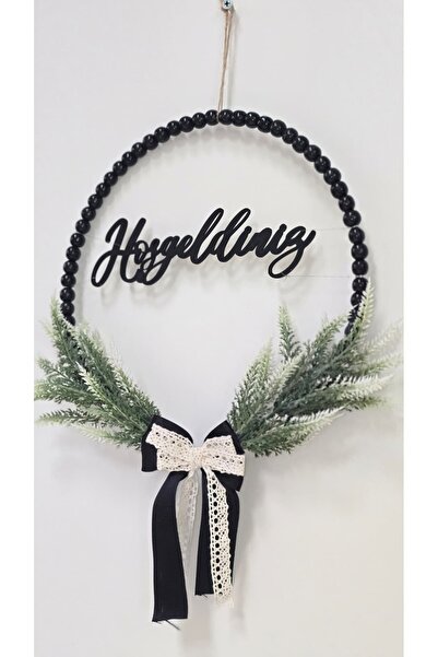 MUJA DEC Siyah Ahşap Boncuklu Hoşgeldiniz Yazılı Kapı Süsü 27 cm - Modern Şık Dantel Fiyonklu El Yapımı Duvar