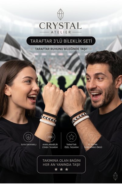 Crystal Atelier Macrame 3-Piece Black and White Fan Bracelet Set Unisex Adjustable Hand Knitted Elevator Knot Knitted Rope Bracelet