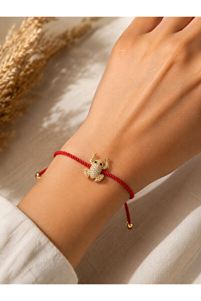 Beatis Red String Zircon Stone Frog Figured Gold Detailed Adjustable Women's ...
