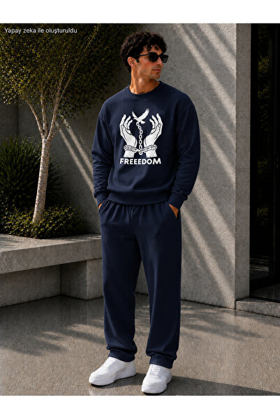 caddekombin Men's Freedom Printed Crew Neck Regular Fit Men's Tracksuit Set /...