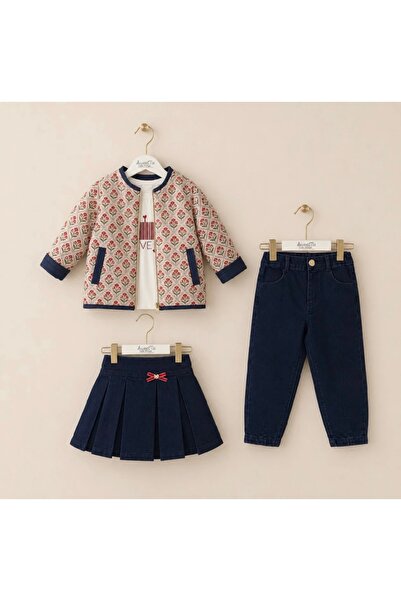 Alvadonna Quilted Floral Coat, Jeans, Jeans Skirt and T-Shirt 4-Piece Girls' Set