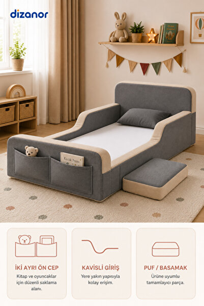 Dizanor Yeni Nesil Maxi Nest %100 Sünger ve Yıkanabilir Fermuarlı Kumaşa Sahip Bebek, Çocuk ve Genç Montessori Karyola Baza ve Başlık Yatağı Seti