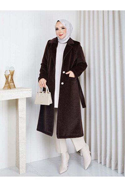 PAVENTİ Angora Classic Fox Coat with Flat Pockets, Brown