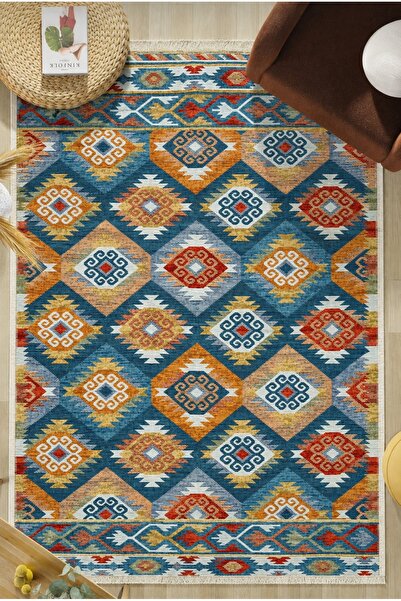 Safir Şönil Çift Taraflı Seri Renkli Özel Tasarım Etnik Desenli Makinede Yıkanabilen Dokuma Kilim _ Salon , Mutfak , Yatak Odası , Oturma Odası , Banyo ( Saçaklı )