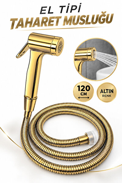 Badem10 Taharet El Musluğu Oval Altın 120 CM Hortumlu Şık Tasarım Banyo WC Tu...