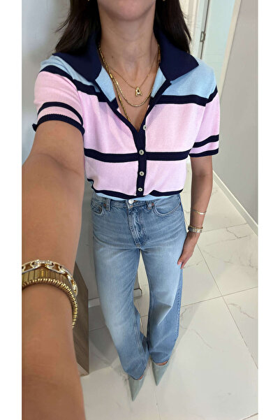 BİRCANÇİL Walle Navy Blue Baby Blue Polo Collar Short Sleeve Knitwear