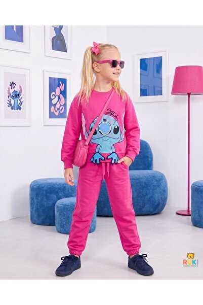 Ruki Çocuk Kız Çocuk Pembe Stitch Karakterli 3D Baskılı Sweatshirt ve Cepli L...