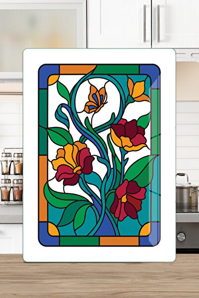 Decovetro Vitray Çiçek Kelebek Desenli Cam Kesme Tahtası ve Sunumluk 25 x 35 cm