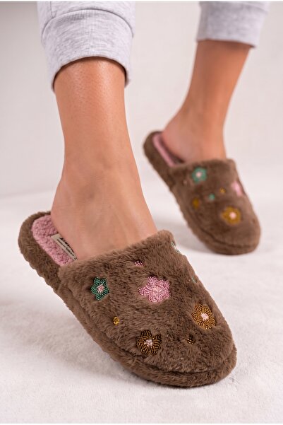 StWenn Women's Plush House Slippers Colorful Flower Embroidered Closed Toe So...