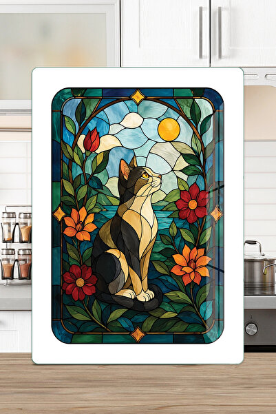 Decovetro Vitray Kedi Doğa Manzara Desenli Cam Kesme Tahtası ve Sunumluk 25 x 35 cm
