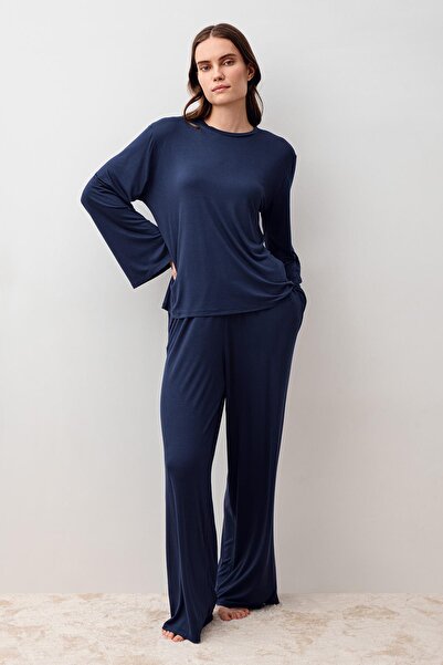 Artış Long Sleeve Oversize Basic Lycra Viscose Top and Bottom Set