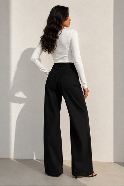 SHEVEGA Kadın Siyah Yüksek Bel Bol Paça Denim/Kot Pantolon Jeans