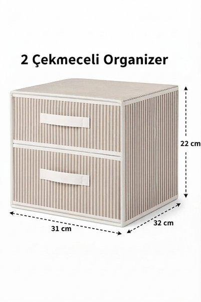 Simply Now 2-Drawer Foldable Fabric Closet Organizer 32X30X22 cm – White Gray Striped Multi-Purpose Storage Box