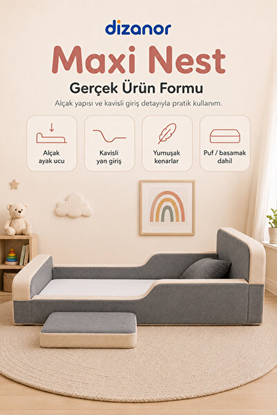 Dizanor Yeni Nesil Maxi Nest %100 Sünger ve Yıkanabilir Fermuarlı Kumaşa Sahip Bebek, Çocuk ve Genç Montessori Karyola Baza ve Başlık Yatağı Seti