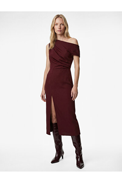 Koton One Shoulder Sleeveless Draped Slit Midi Dress