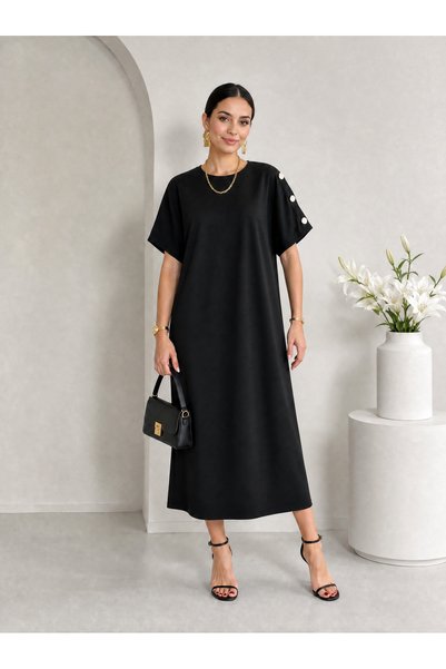 Missrelda Moda فستان نسائي كاجوال واسع بياقة دائرية وأكمام مزينة بأزرار