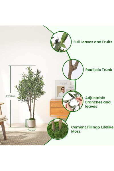 SCHENKERO Faux 122 CM Double‑Stem Olive Tree, Artificial Olive Plant with White Flower Pot, Decorative Potted Tree for Living Room Office