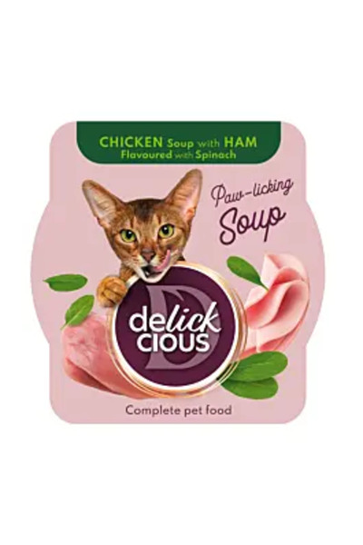 DELICKCIOUS Hrană umedă completă pentru pisici adulte - Supă de pui cu șuncă,...