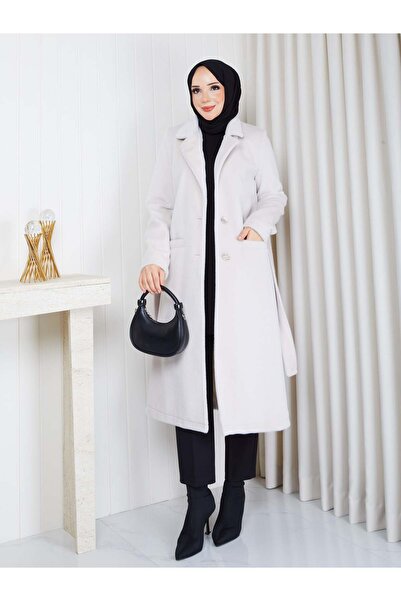 PAVENTİ Angora Düz Cepli Klasik Fox Kaban Krem