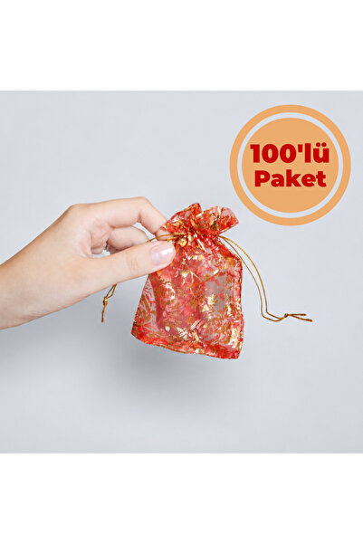 Renk İthalat Desenli Kese Kırmızı 9x12 cm 100'lü Paket Altın Kına Çerez Kuruy...