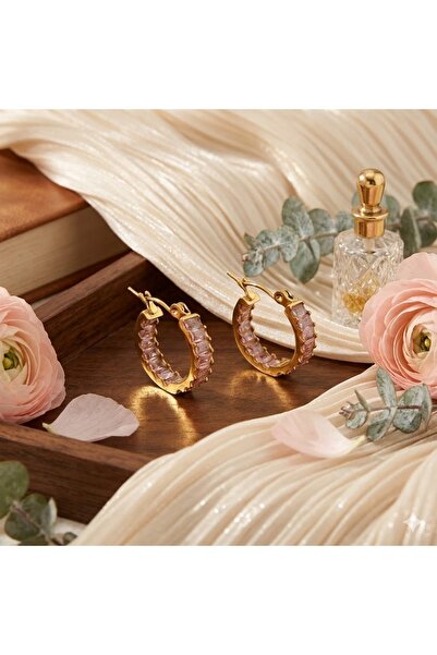 Peach Jewelry Γυναικεία σκουλαρίκια κρίκοι από ατσάλι τιτανίου με ροζ ζιργκόν