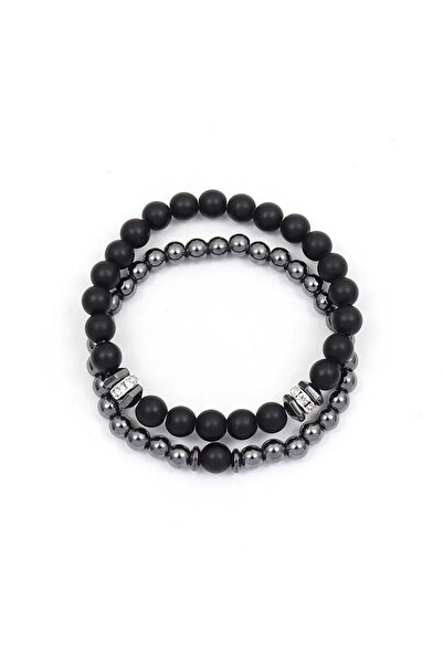 Peach Jewelry Ανδρικό Σετ Βραχιολιών με Μαύρες Ματ και Μεταλλικές Χάντρες