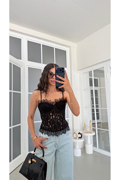 GAUS CO Siyah Dantelli Askılı Sırtı Lastikli Korse GAUS-01923