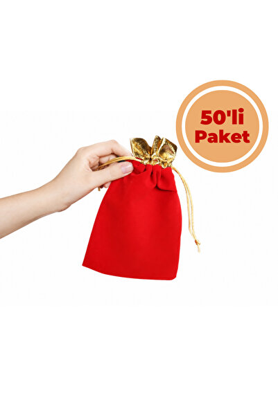 Renk İthalat Kadife Kese Kırmızı 15x24 cm 50'li Paket Hediye Altın Takı Söz N...