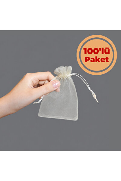 Renk İthalat Tül Kese Krem 9x12 cm 100'lü Paket Kına Çerez Kuruyemiş Altın Ta...