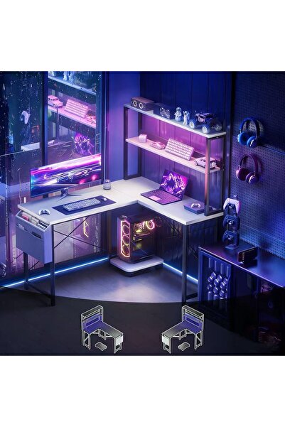 GENERAL Birou de Gaming Reversibil în Formă de L,110*80*148cm,cu Iluminare LED RGB Inteligentă și Rafturi de Depozitare,alb