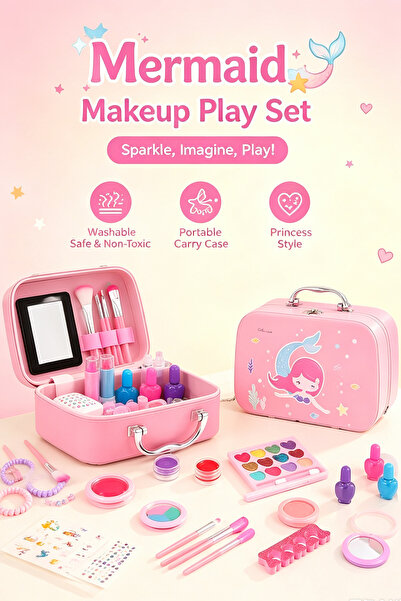 Generic Mermaid Kids Makeup Kit for Girls, Washable Non‑Toxic Pretend Play Co...