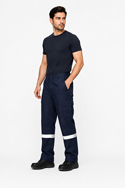 ORANGECAT Unisex Lacivert Reflektör Şeritli Çok Cepli Kargo İş Pantolonu