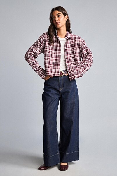 DeFacto 100% Cotton Baggy Fit Wide Leg Pocketed Washed Belted Jean Trousers H...