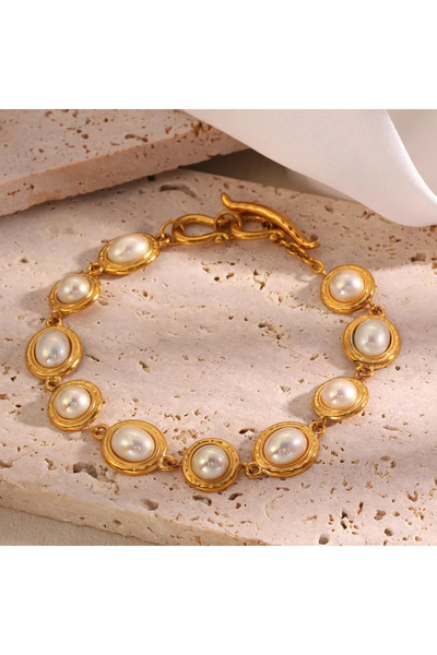 Peach Jewelry Βραχιόλι από ανοξείδωτο ατσάλι, επιχρυσωμένο 18Κ, με μαργαριτάρια