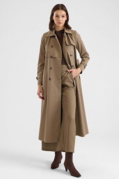 Olcay Long Trench Coat with Cape Detail and Bird's Eye Accessories, Water Rep...