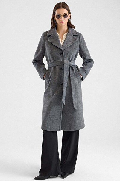 Olcay Medium Length Mono Closure Coat with Stitching Detail Dark Gray 3186