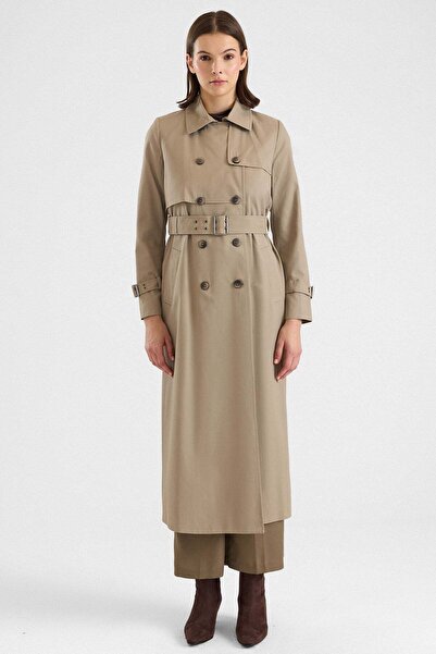 Olcay Cape Detailed Long Trench Coat with Bird's Eye Accessories and Water Re...