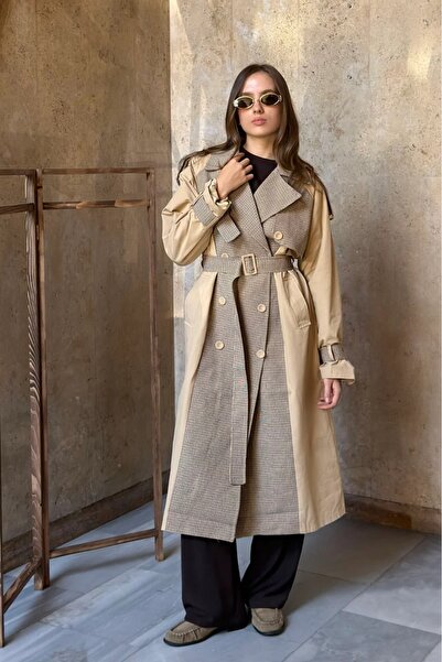 fayaboutique.com Ekose Detaylı Gabardin Kumaş Trençkot