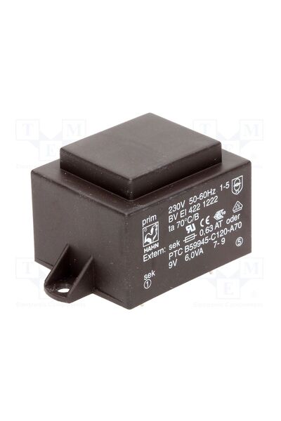 OEM Transformator capsulat HAHN BVEI4221222, 6VA, 230VAC, 9V, 667mA, PCB, BVEI