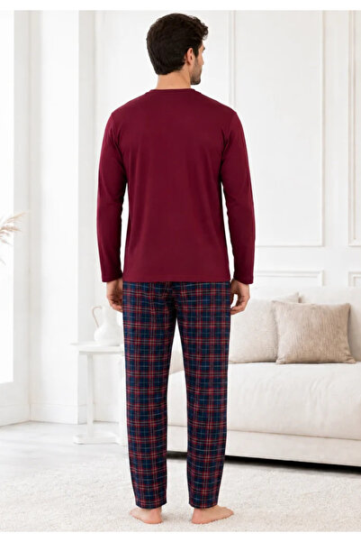 Serena Men's burgundy pajamas with long sleeves and long pants with small checks