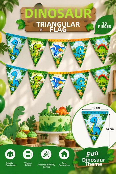 GREATOY Dinosaur Triangle Streamer Set of 10 – 14X12 cm Dinosaur Themed Birth...