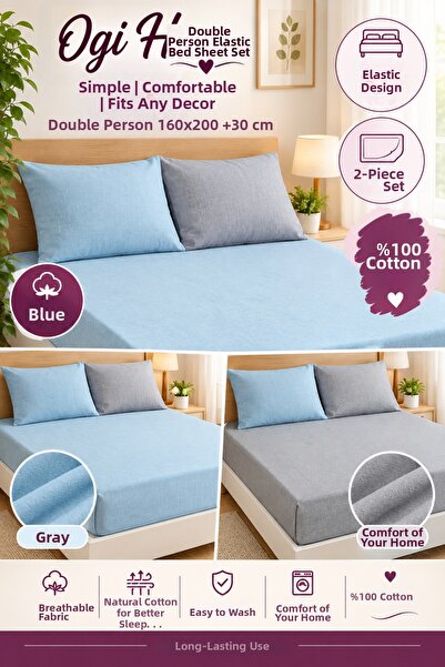 Suare Concept 2-Piece Double Elastic Sheet Set 160X200+20 cm - Cotton Fitted ...